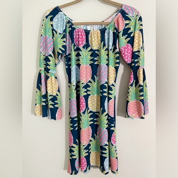 SIMPLY SOUTHERN Preppy Tropical Bell Sleeve Colorful Pineapple Mini Dress Size S - Picture 2 of 13